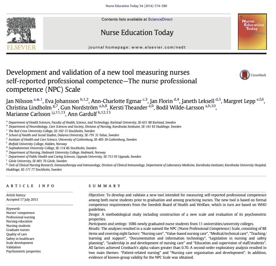 First page of the 2014 Nurse Education Today article introducing the Nurse Professional Competence Scale