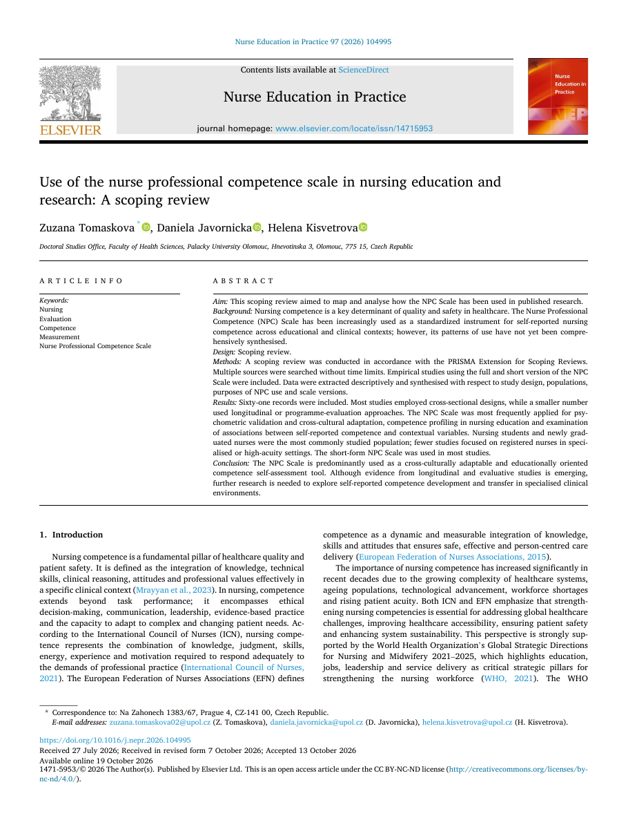 First page of the scoping review by Tomaskova, Javornicka and Kisvetrova (2026) in Nurse Education in Practice