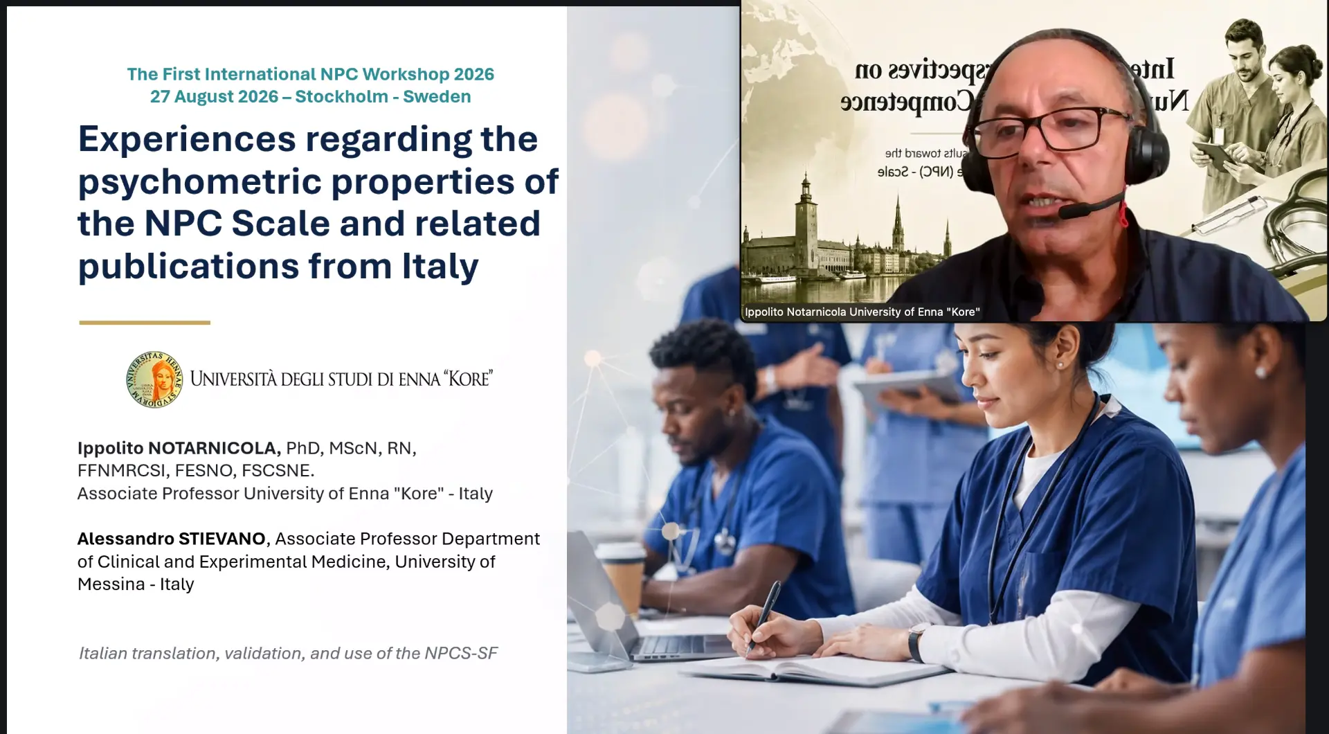 Workshop slide on experiences regarding the psychometric properties of the NPC Scale from Italy, presented by Associate Professor Ippolito Notarnicola