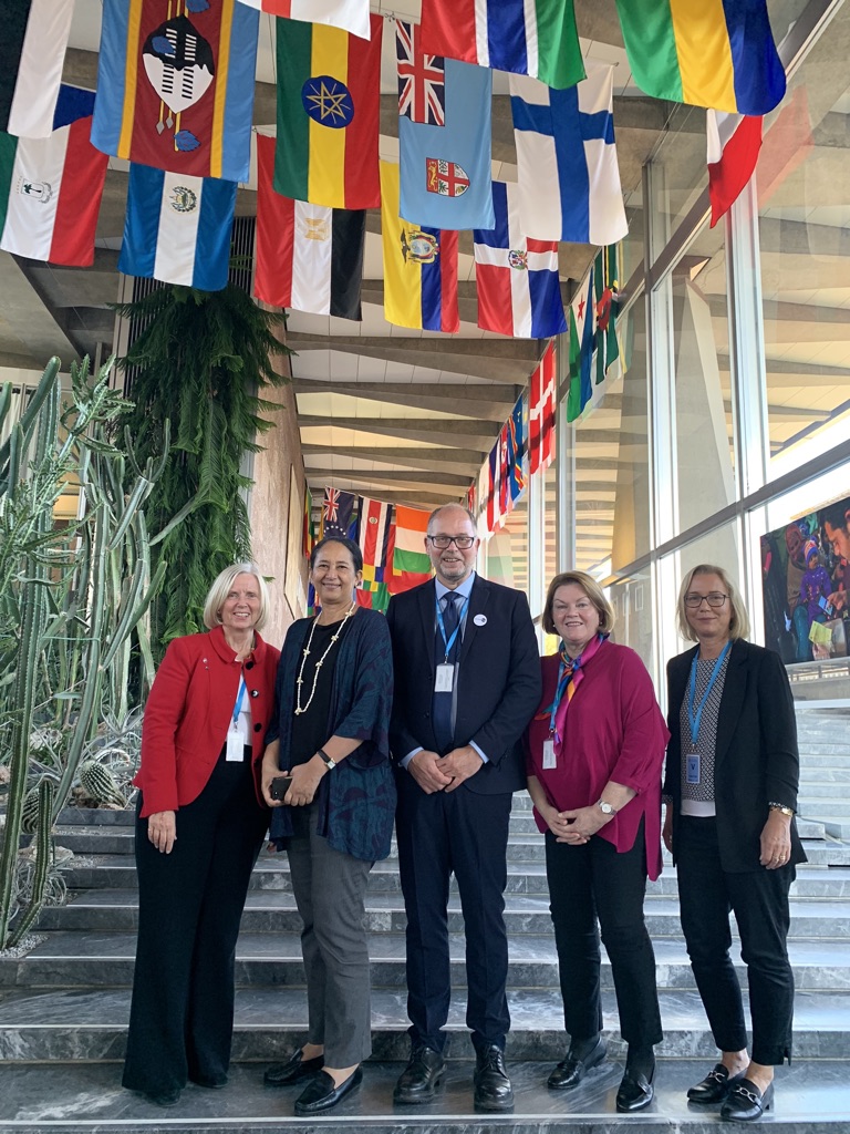 The NPC Research Group standing on marble steps in a lobby hung with the flags of member states