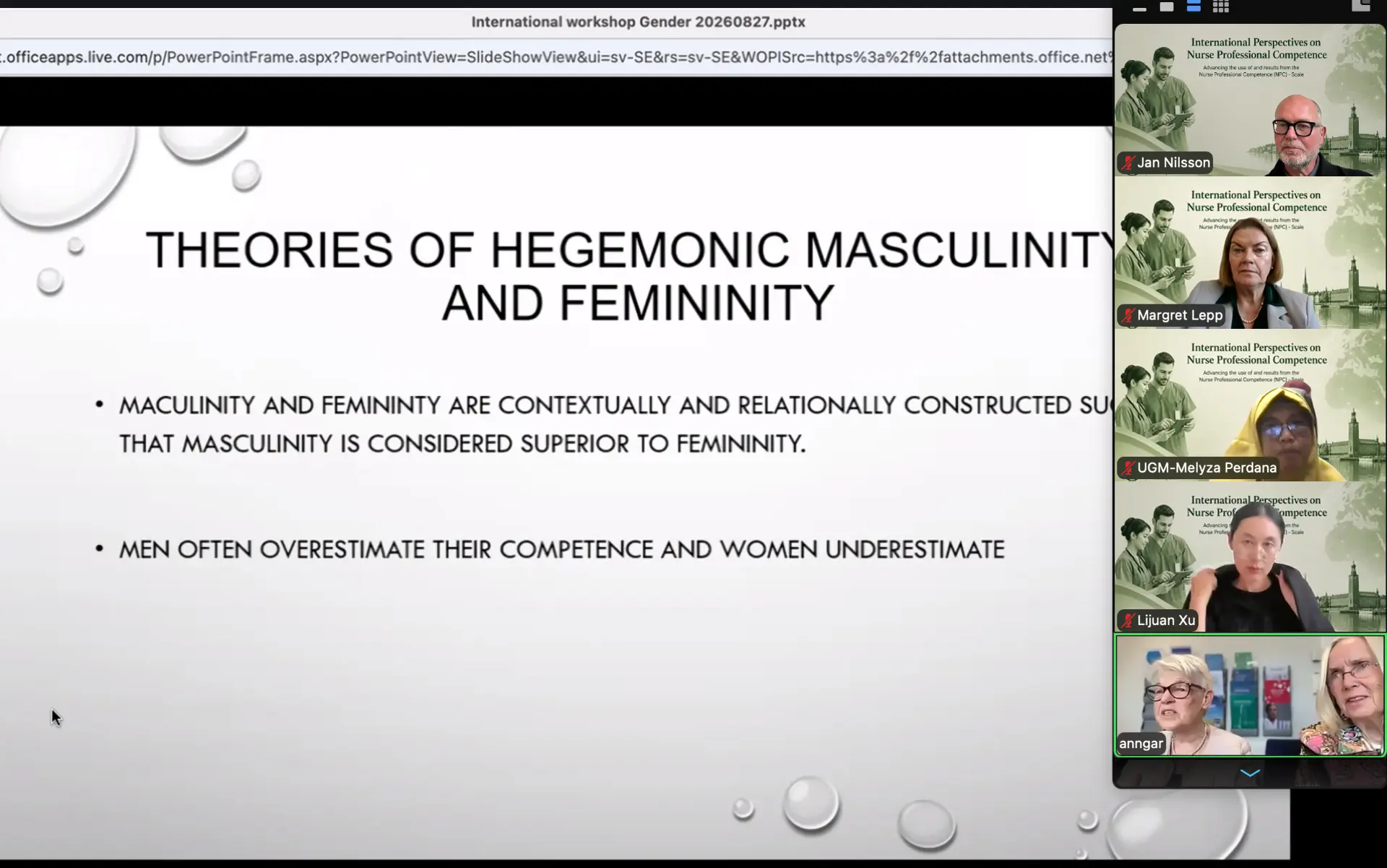 Workshop slide on theories of hegemonic masculinity and femininity, presented by Professor Emerita Marianne Carlsson