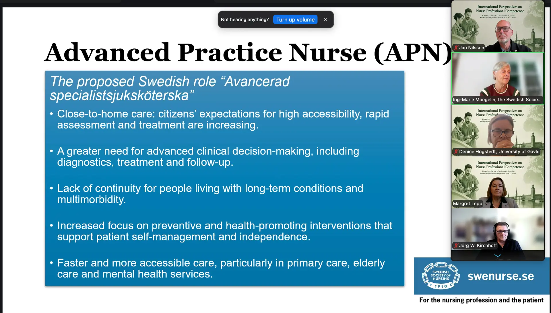 Keynote slide on the Advanced Practice Nurse role, presented by Ing-Marie Moegelin at the First International NPC Workshop 2026