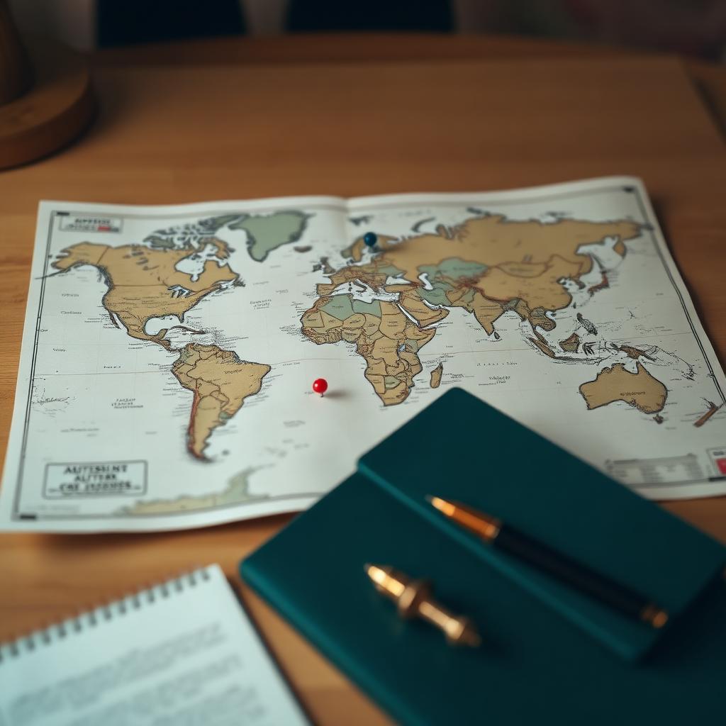 A world map with pins and a fountain pen on a wooden desk