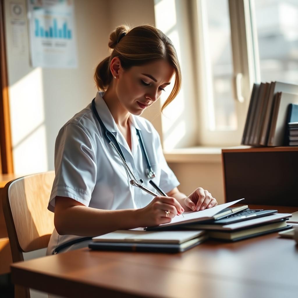 A nurse writing notes at a desk in soft daylight