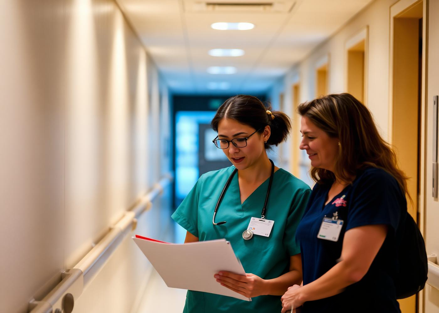 Nurses reviewing notes in a hospital corridor
