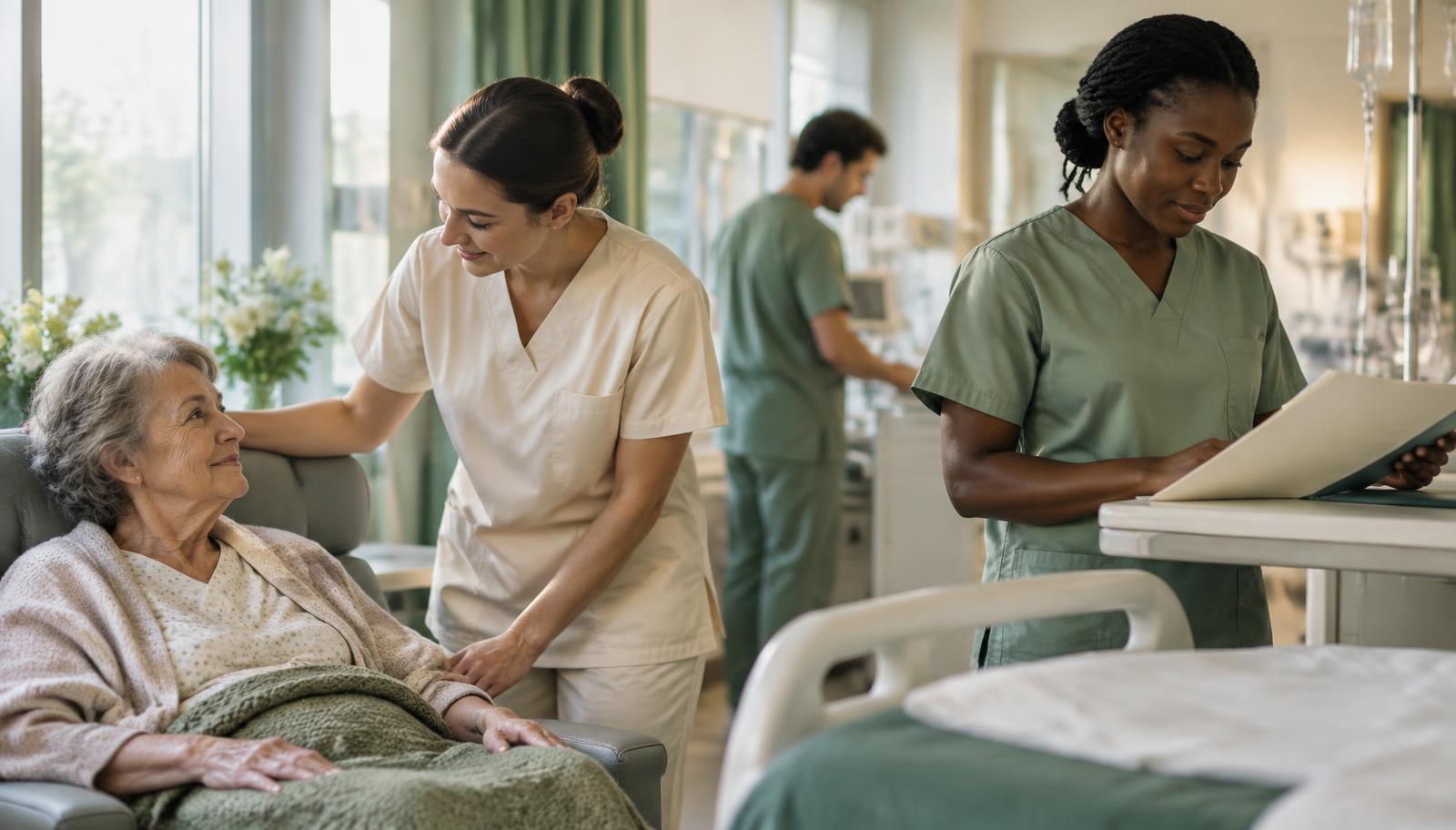Nurses caring for a patient together in a hospital room