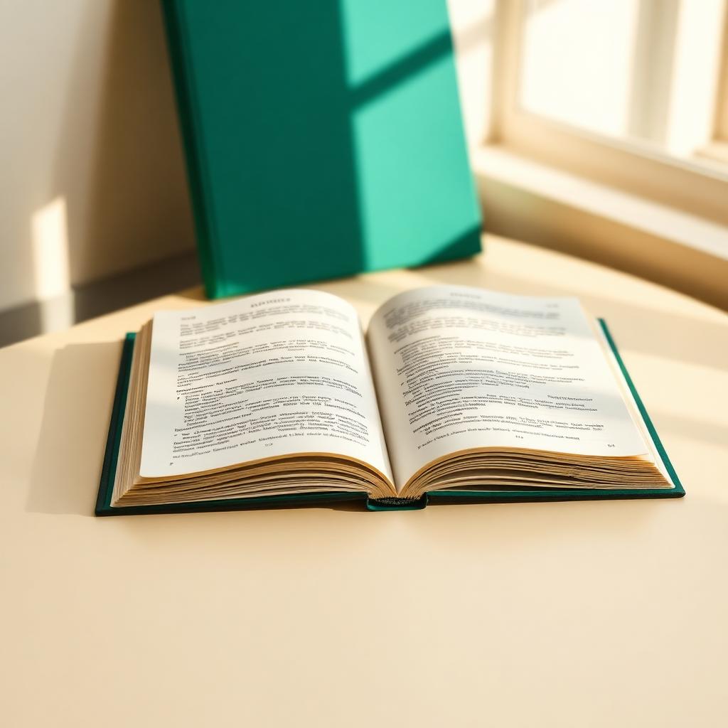 An open academic journal on a warm cream desk